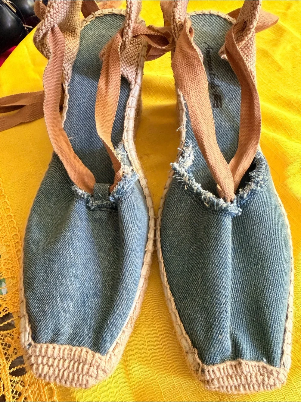 Toms Blue Canvas Espadrille Wrap Sandals with Brown Ties